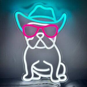 Cowboy French Bulldog Neon Sign for Wall Decor Cowboy Frenchie Wearing Glasses